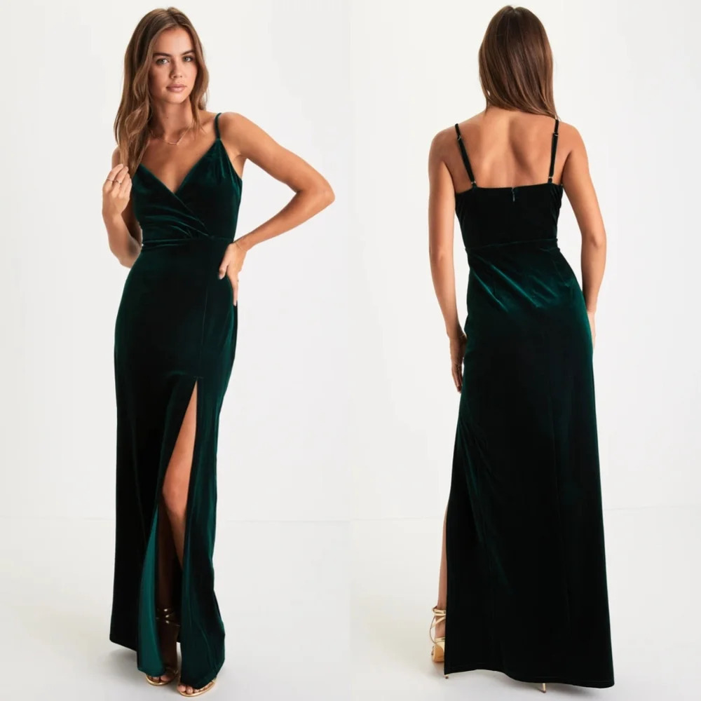 Lulus Graceful Glamour Emerald Green Velvet Surplice Maxi Dress Wedding Party